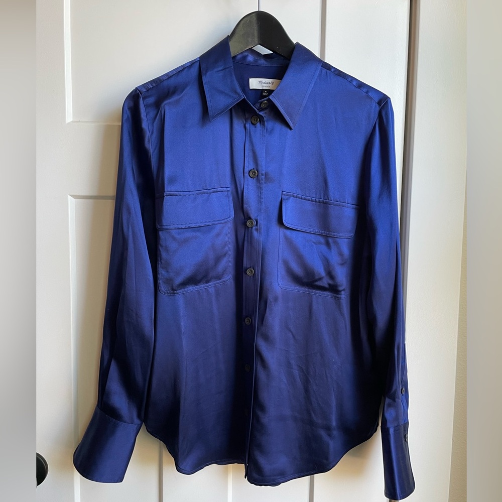 Madewell Silk Flap-Pocket Button-Up Shirt in Deep Cobalt - Picture 5 of 12